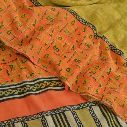 Sanskriti Vintage Sarees Green/Orange Pure Crepe Printed Sari 5yd Craft Sustainable Fabric
