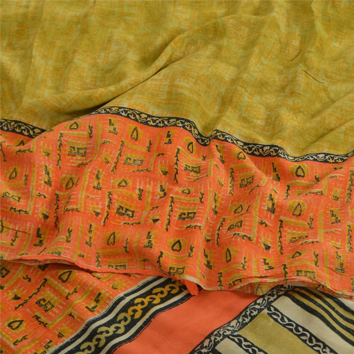 Sanskriti Vintage Sarees Green/Orange Pure Crepe Printed Sari 5yd Craft Sustainable Fabric