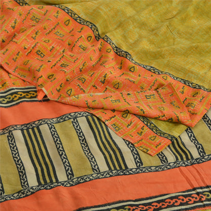 Sanskriti Vintage Sarees Green/Orange Pure Crepe Printed Sari 5yd Craft Sustainable Fabric