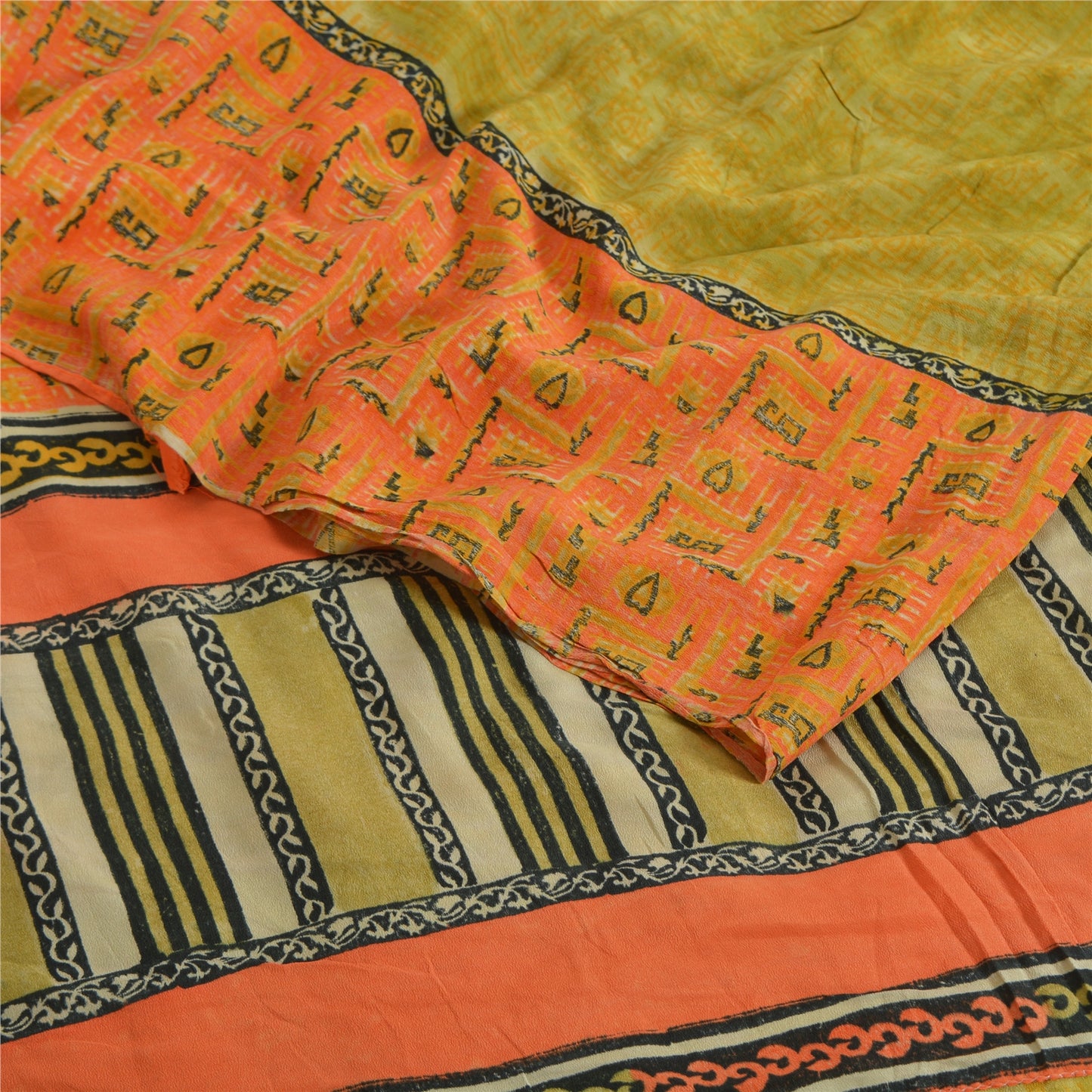 Sanskriti Vintage Sarees Green/Orange Pure Crepe Printed Sari 5yd Craft Sustainable Fabric