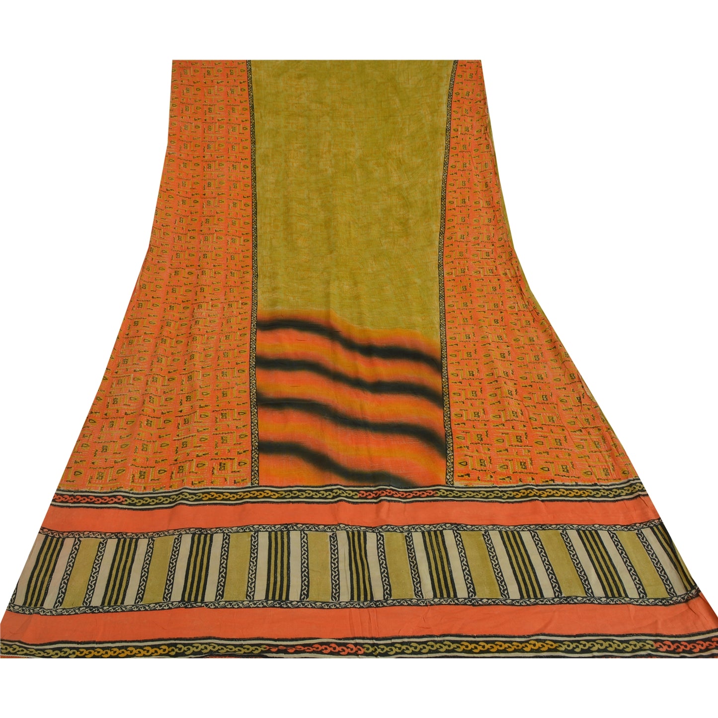 Sanskriti Vintage Sarees Green/Orange Pure Crepe Printed Sari 5yd Craft Sustainable Fabric