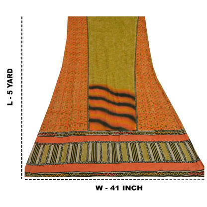 Sanskriti Vintage Sarees Green/Orange Pure Crepe Printed Sari 5yd Craft Sustainable Fabric