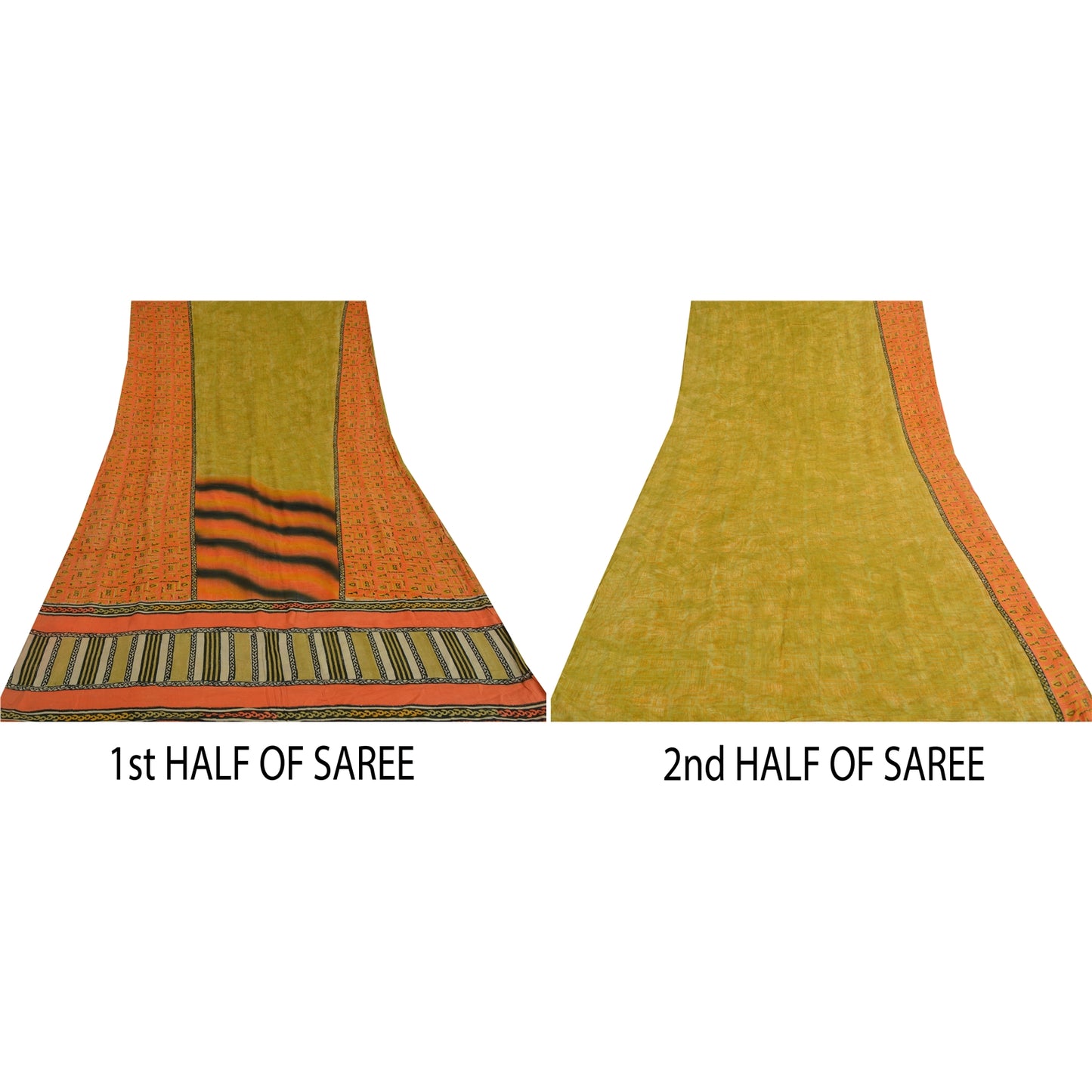 Sanskriti Vintage Sarees Green/Orange Pure Crepe Printed Sari 5yd Craft Sustainable Fabric