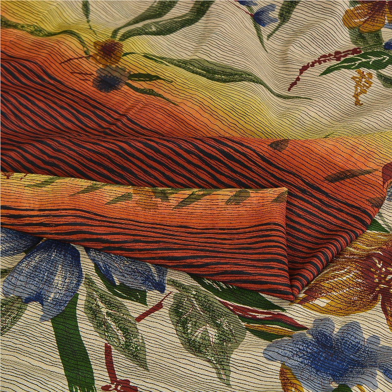 Sanskriti Vintage Sarees Pure Crepe Silk Cream/Orange Printed Sari 5yd Sustainable Fabric