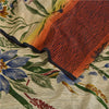 Sanskriti Vintage Sarees Pure Crepe Silk Cream/Orange Printed Sari 5yd Sustainable Fabric