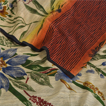 Sanskriti Vintage Sarees Pure Crepe Silk Cream/Orange Printed Sari 5yd Sustainable Fabric