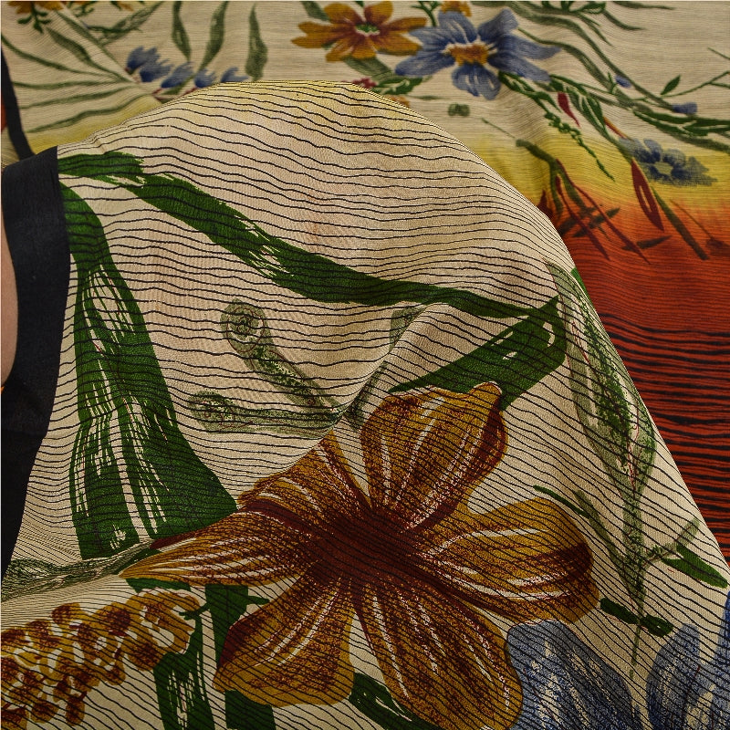 Sanskriti Vintage Sarees Pure Crepe Silk Cream/Orange Printed Sari 5yd Sustainable Fabric