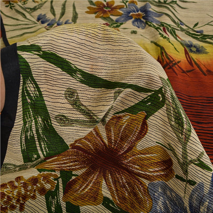 Sanskriti Vintage Sarees Pure Crepe Silk Cream/Orange Printed Sari 5yd Sustainable Fabric