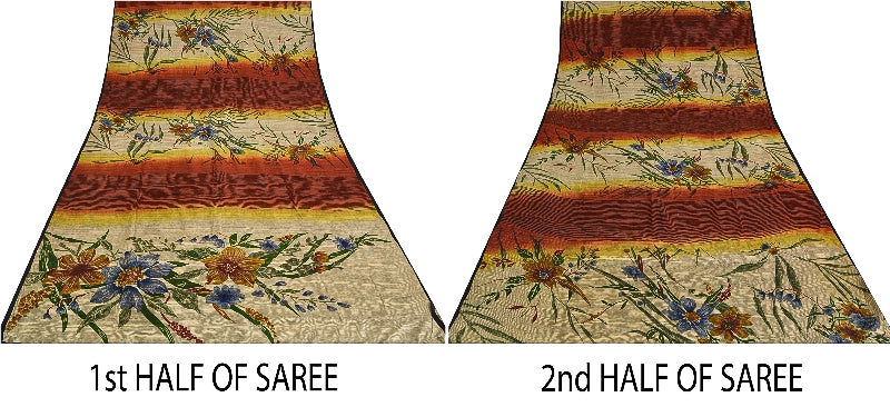 Sanskriti Vintage Sarees Pure Crepe Silk Cream/Orange Printed Sari 5yd Sustainable Fabric