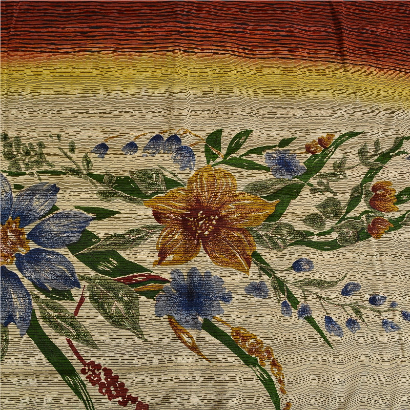 Sanskriti Vintage Sarees Pure Crepe Silk Cream/Orange Printed Sari 5yd Sustainable Fabric