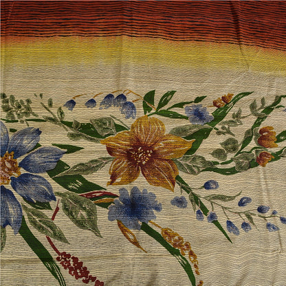 Sanskriti Vintage Sarees Pure Crepe Silk Cream/Orange Printed Sari 5yd Sustainable Fabric