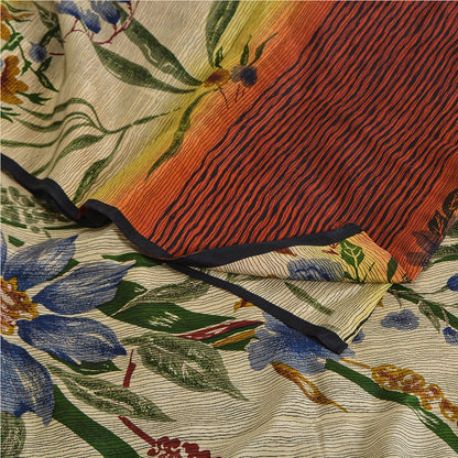 Sanskriti Vintage Sarees Pure Crepe Silk Cream/Orange Printed Sari 5yd Sustainable Fabric