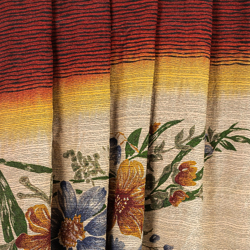 Sanskriti Vintage Sarees Pure Crepe Silk Cream/Orange Printed Sari 5yd Sustainable Fabric