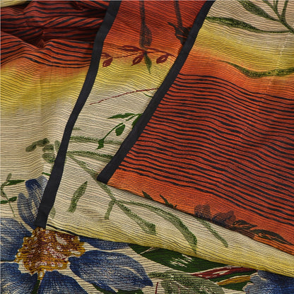 Sanskriti Vintage Sarees Pure Crepe Silk Cream/Orange Printed Sari 5yd Sustainable Fabric