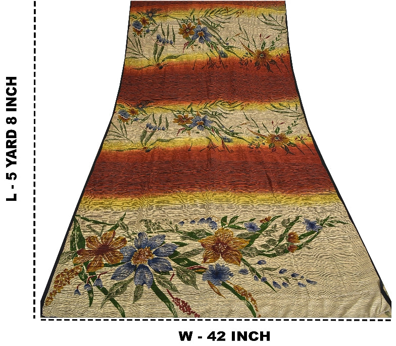 Sanskriti Vintage Sarees Pure Crepe Silk Cream/Orange Printed Sari 5yd Sustainable Fabric