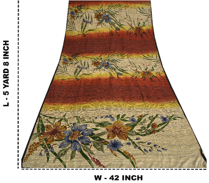 Sanskriti Vintage Sarees Pure Crepe Silk Cream/Orange Printed Sari 5yd Sustainable Fabric