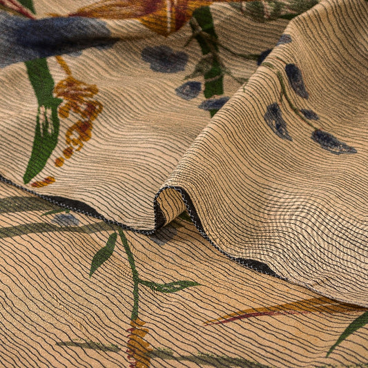 Sanskriti Vintage Sarees Pure Crepe Silk Cream/Orange Printed Sari 5yd Sustainable Fabric