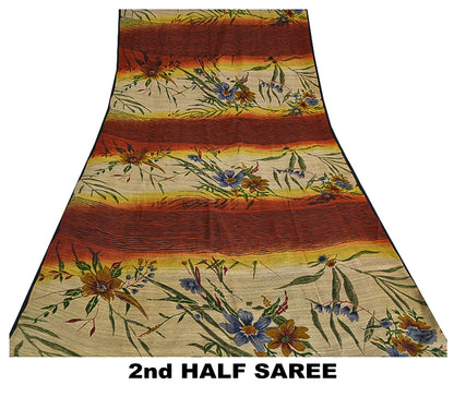 Sanskriti Vintage Sarees Pure Crepe Silk Cream/Orange Printed Sari 5yd Sustainable Fabric