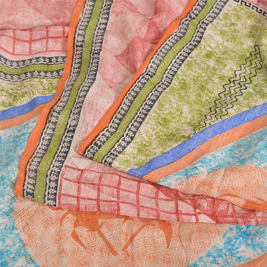 Sanskriti Vintage Sarees Red 100% Pure Crepe Silk Printed Sari 5yd Craft Sustainable Fabric