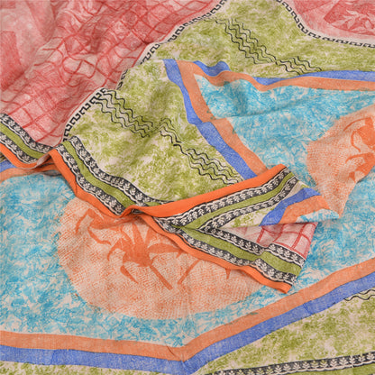 Sanskriti Vintage Sarees Red 100% Pure Crepe Silk Printed Sari 5yd Craft Sustainable Fabric