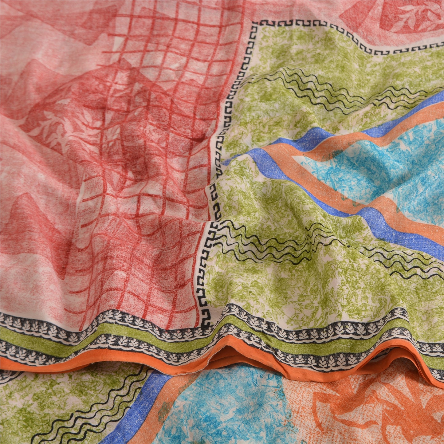 Sanskriti Vintage Sarees Red 100% Pure Crepe Silk Printed Sari 5yd Craft Sustainable Fabric