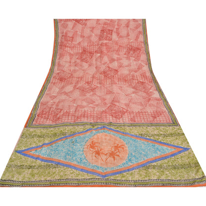 Sanskriti Vintage Sarees Red 100% Pure Crepe Silk Printed Sari 5yd Craft Sustainable Fabric