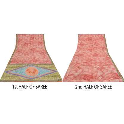 Sanskriti Vintage Sarees Red 100% Pure Crepe Silk Printed Sari 5yd Craft Sustainable Fabric