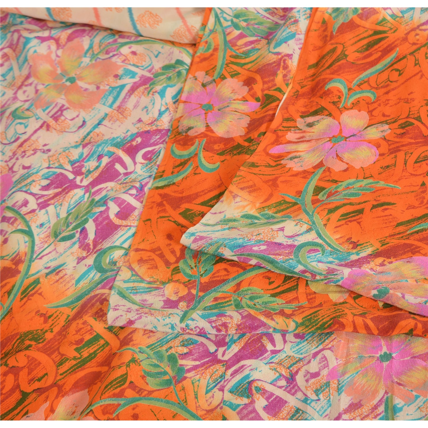 Sanskriti Vintage Sarees Ivory/Orange Pure Crepe Silk Printed Sari Craft Sustainable Fabric