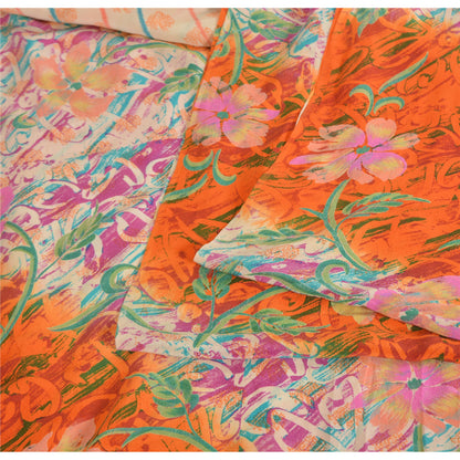 Sanskriti Vintage Sarees Ivory/Orange Pure Crepe Silk Printed Sari Craft Sustainable Fabric