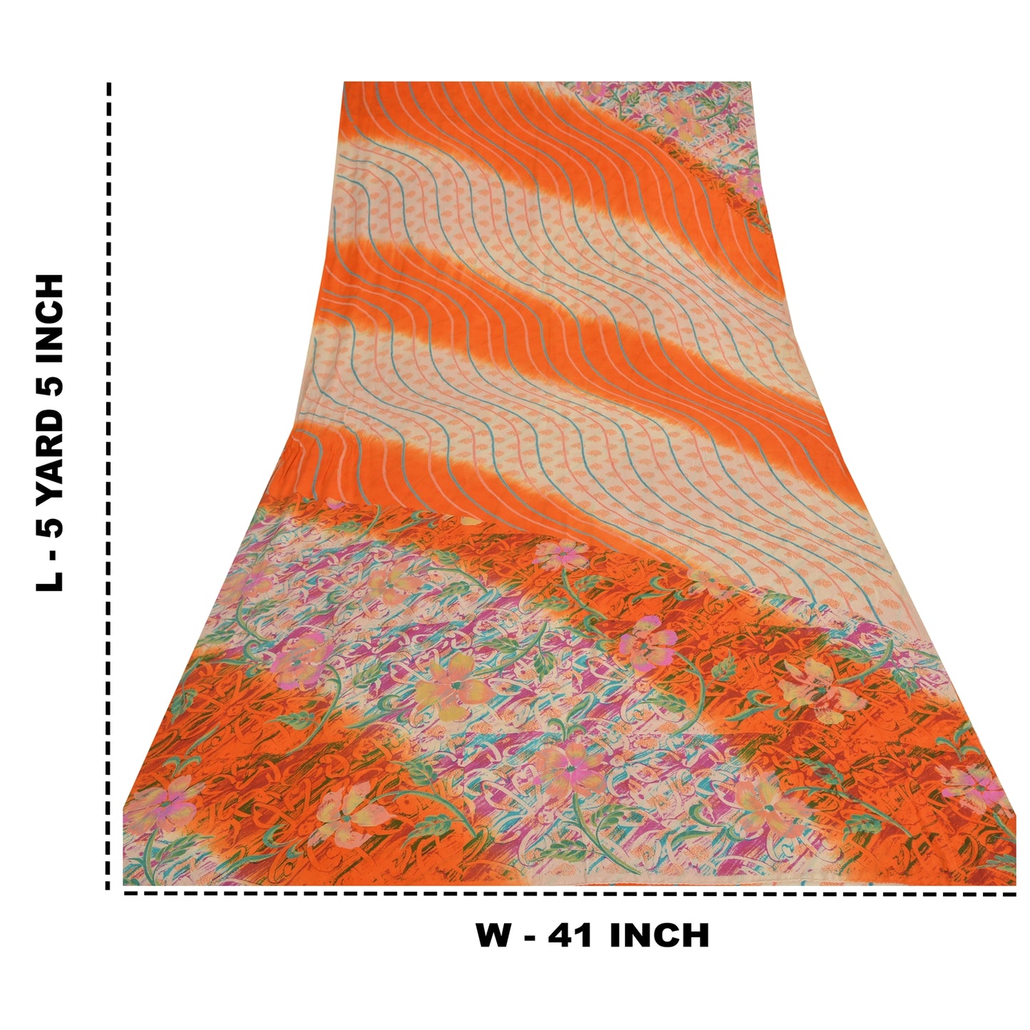 Sanskriti Vintage Sarees Ivory/Orange Pure Crepe Silk Printed Sari Craft Sustainable Fabric