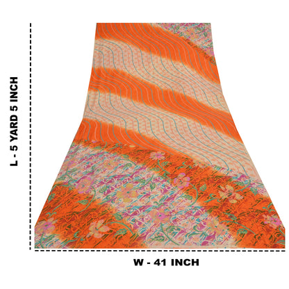 Sanskriti Vintage Sarees Ivory/Orange Pure Crepe Silk Printed Sari Craft Sustainable Fabric