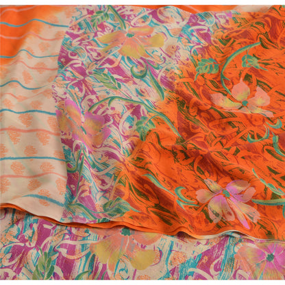 Sanskriti Vintage Sarees Ivory/Orange Pure Crepe Silk Printed Sari Craft Sustainable Fabric