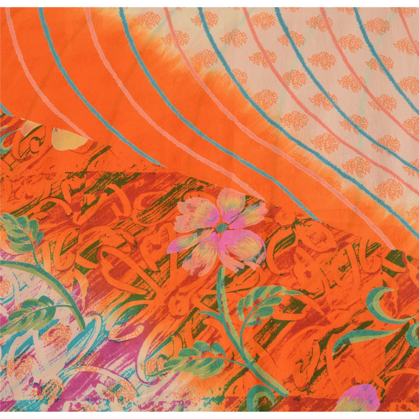 Sanskriti Vintage Sarees Ivory/Orange Pure Crepe Silk Printed Sari Craft Sustainable Fabric