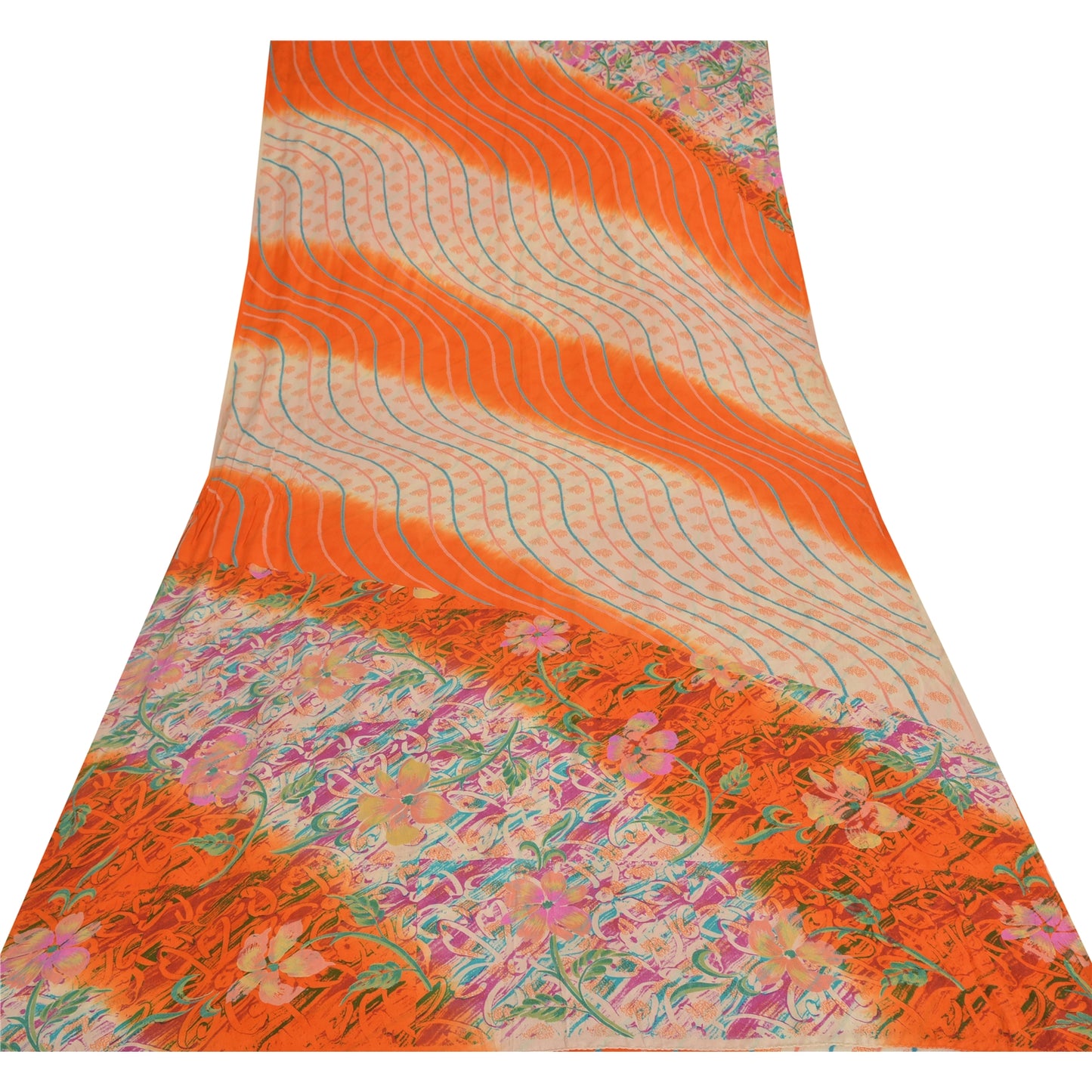 Sanskriti Vintage Sarees Ivory/Orange Pure Crepe Silk Printed Sari Craft Sustainable Fabric