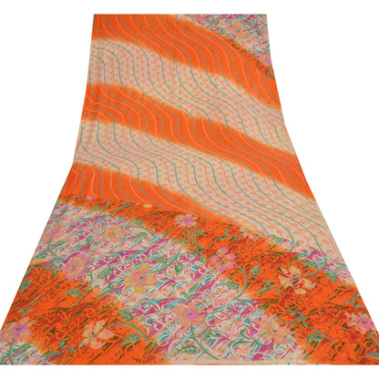 Sanskriti Vintage Sarees Ivory/Orange Pure Crepe Silk Printed Sari Craft Sustainable Fabric