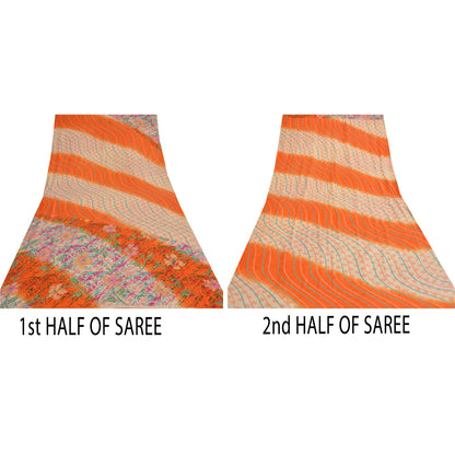 Sanskriti Vintage Sarees Ivory/Orange Pure Crepe Silk Printed Sari Craft Sustainable Fabric