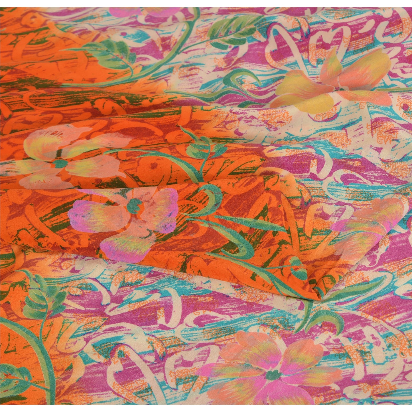 Sanskriti Vintage Sarees Ivory/Orange Pure Crepe Silk Printed Sari Craft Sustainable Fabric