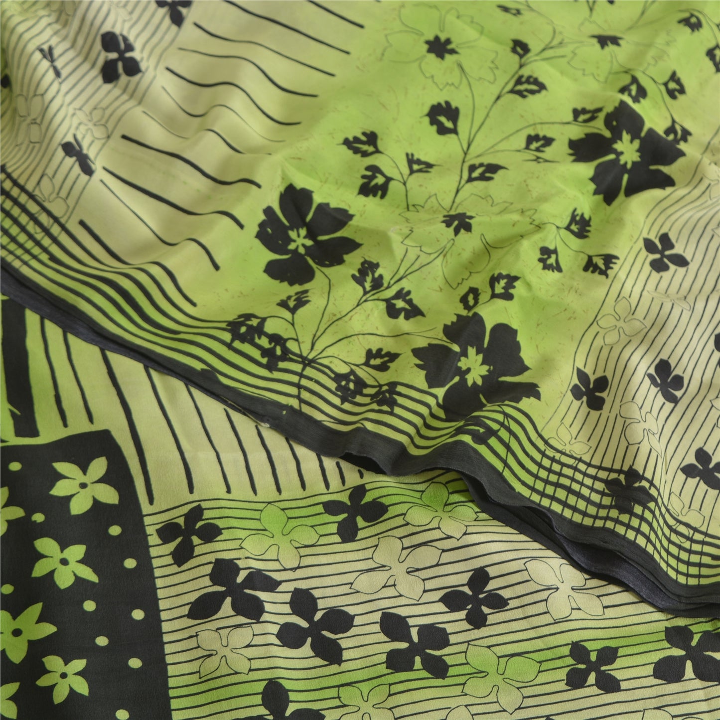 Sanskriti Vintage Sarees Green Pure Crepe Silk Printed Sari 5yd Craft Sustainable Fabric