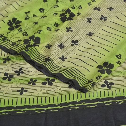 Sanskriti Vintage Sarees Green Pure Crepe Silk Printed Sari 5yd Craft Sustainable Fabric