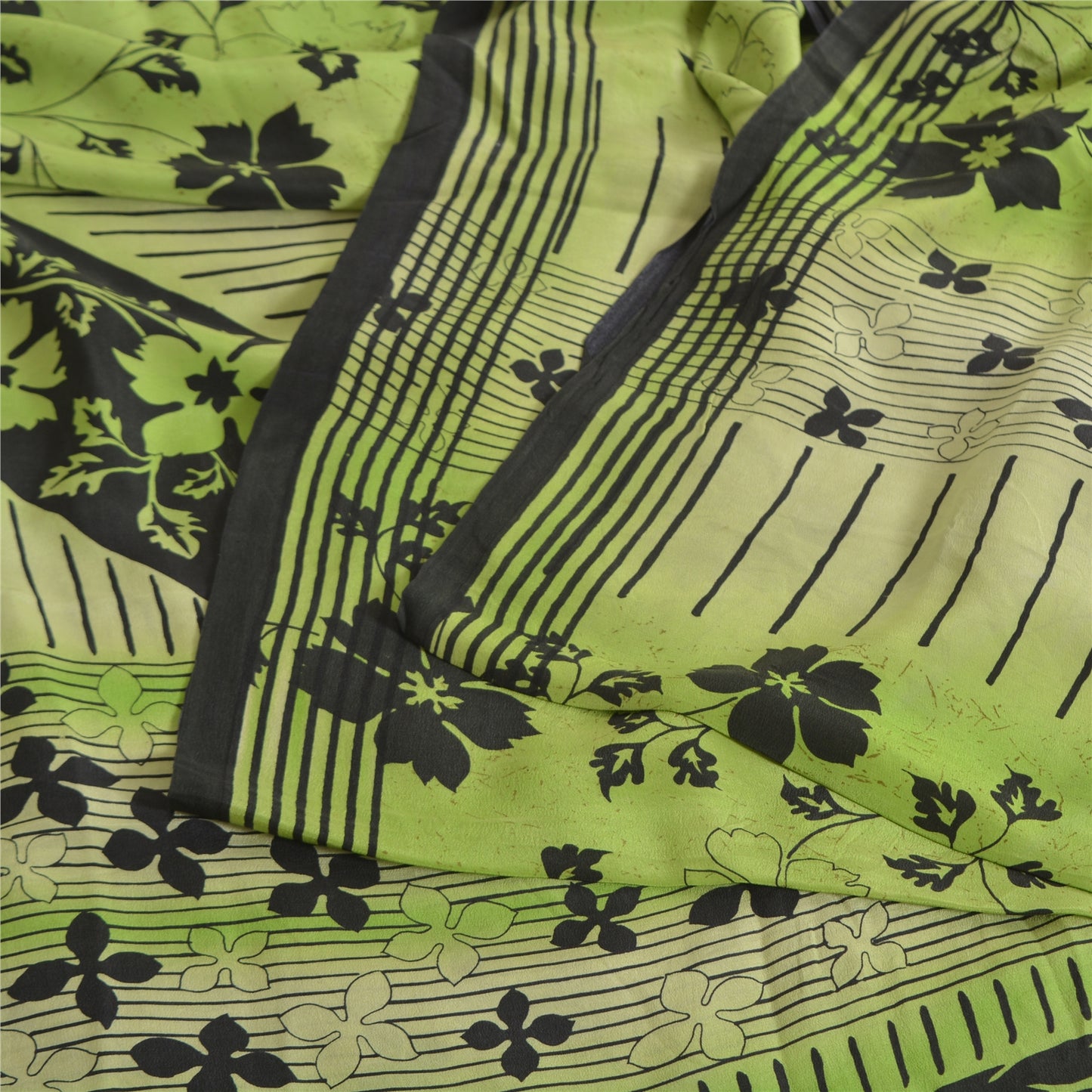 Sanskriti Vintage Sarees Green Pure Crepe Silk Printed Sari 5yd Craft Sustainable Fabric