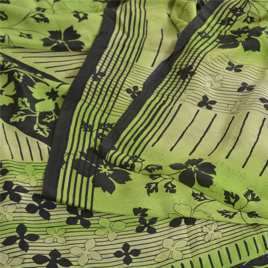 Sanskriti Vintage Sarees Green Pure Crepe Silk Printed Sari 5yd Craft Sustainable Fabric