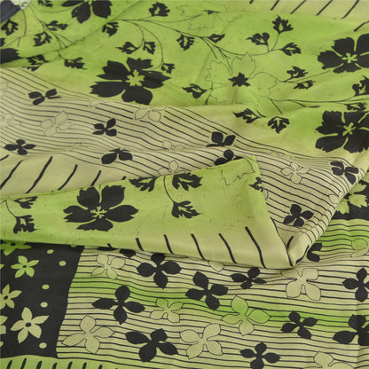 Sanskriti Vintage Sarees Green Pure Crepe Silk Printed Sari 5yd Craft Sustainable Fabric