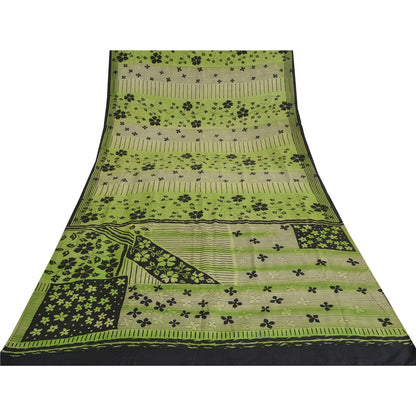 Sanskriti Vintage Sarees Green Pure Crepe Silk Printed Sari 5yd Craft Sustainable Fabric