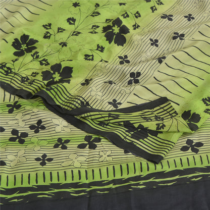 Sanskriti Vintage Sarees Green Pure Crepe Silk Printed Sari 5yd Craft Sustainable Fabric