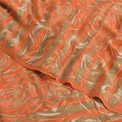 Sanskriti Vintage Sarees Green/Orange Pure Crepe Printed Sari 5yd Craft Sustainable Fabric