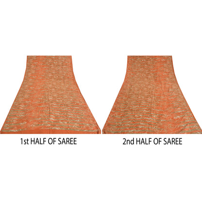 Sanskriti Vintage Sarees Green/Orange Pure Crepe Printed Sari 5yd Craft Sustainable Fabric