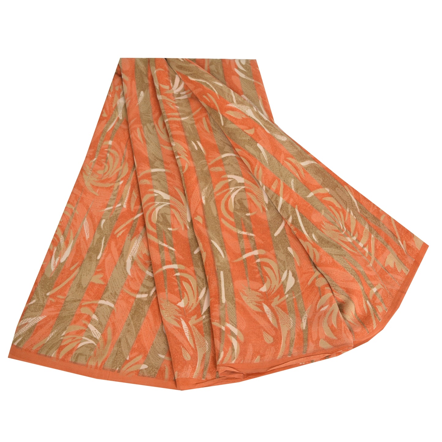 Sanskriti Vintage Sarees Green/Orange Pure Crepe Printed Sari 5yd Craft Sustainable Fabric