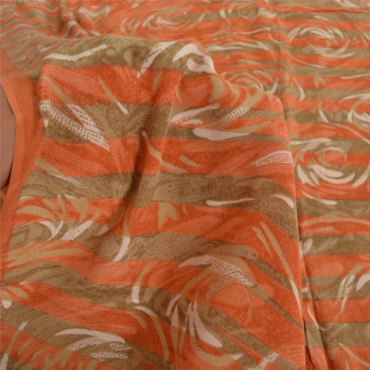 Sanskriti Vintage Sarees Green/Orange Pure Crepe Printed Sari 5yd Craft Sustainable Fabric