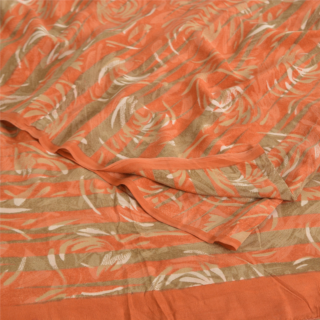 Sanskriti Vintage Sarees Green/Orange Pure Crepe Printed Sari 5yd Craft Sustainable Fabric