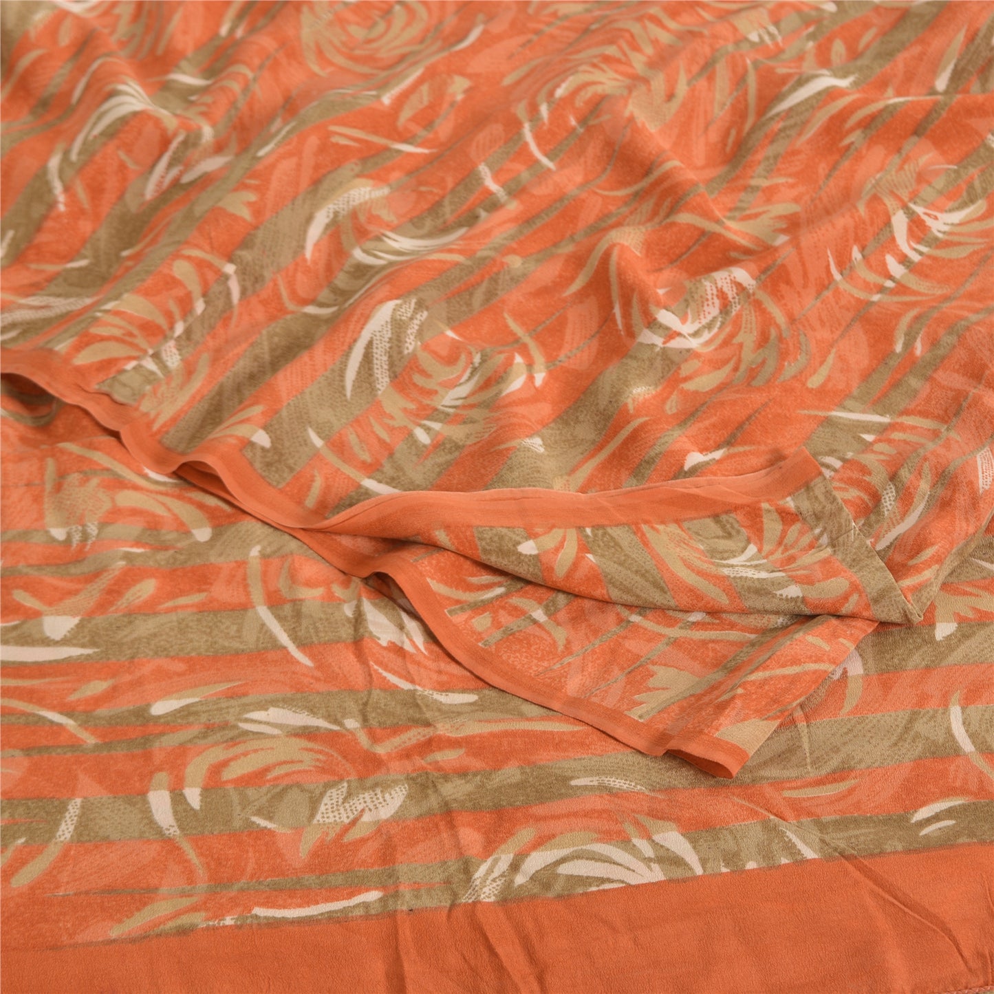 Sanskriti Vintage Sarees Green/Orange Pure Crepe Printed Sari 5yd Craft Sustainable Fabric